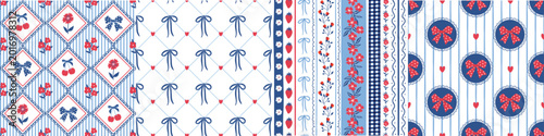 Canvastavla Coquette Floral Seamless Pattern Set with Vintage Bows, Cherries and Stripe Backgrounds in red blue white