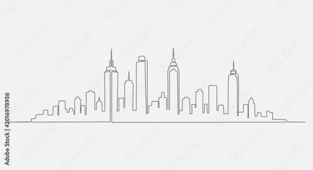 Fototapeta premium Minimalist Skyline Drawing: Continuous Line Art of Cityscape with Skyscrapers