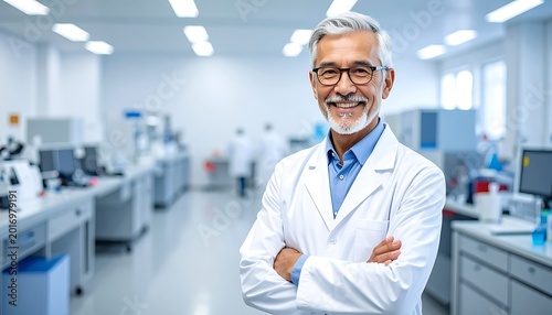 A middle-aged man in a lab coat stands confidently in a laboratory