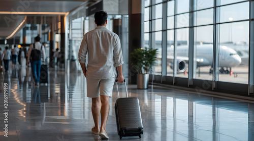 Faceless Traveler Walking Through Modern International Airport with Suitcase
