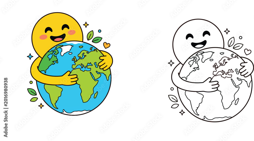 Fototapeta premium Happy Sun Hugging Earth: Cute Cartoon for Environment & Care