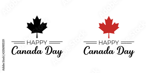 Happy Canada Day vector design with red and black maple leaf symbols isolated on white background.