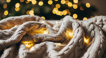 Soft beige knit blanket with warm glowing fairy lights and blurred bokeh background