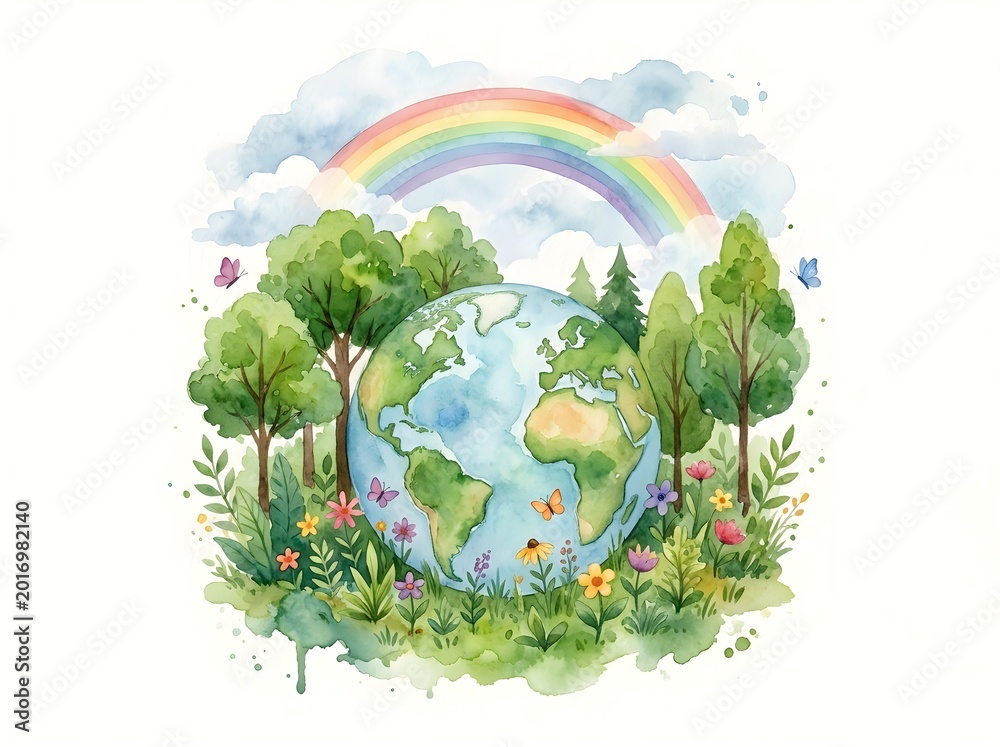 Fototapeta premium Watercolor Earth surrounded by trees, flowers, and rainbow