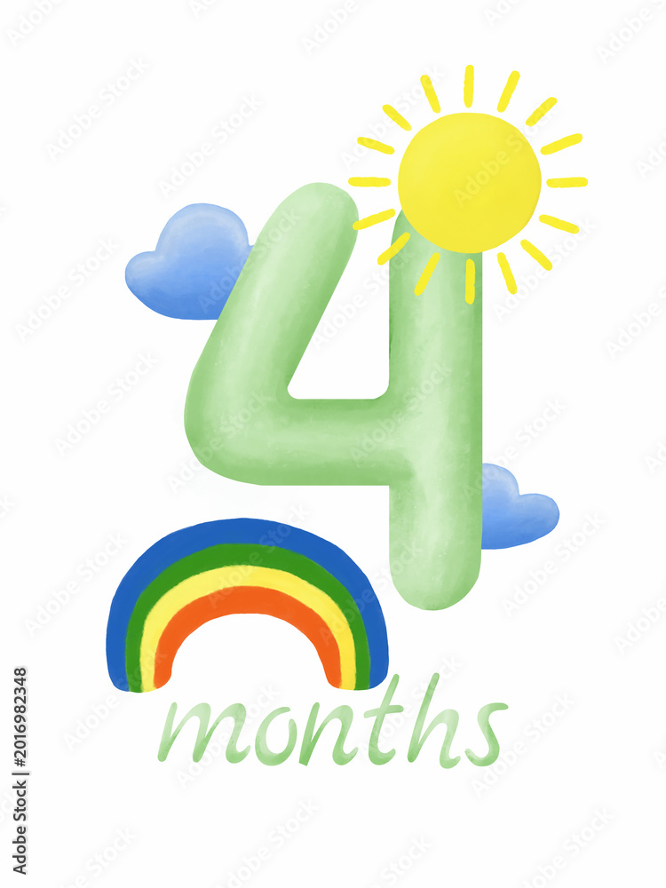Fototapeta premium Baby monthly milestone card four months with watercolor rainbow and sun, nursery series.
