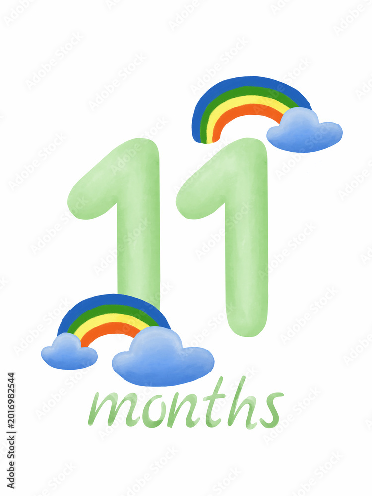 Fototapeta premium Baby monthly milestone card eleven months with watercolor rainbows and clouds, sun and clouds collection.