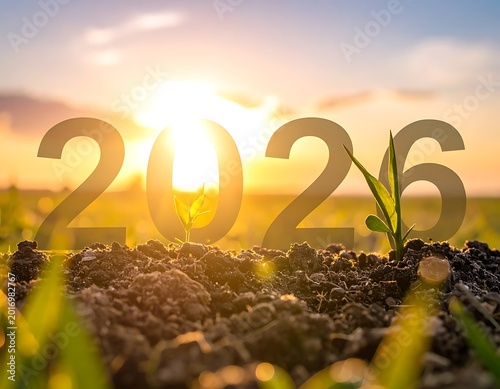 A sprout grows from soil with a sunny sky and the year 2026 overlay
