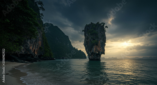 Majestic Limestone Island Rock Formation in Tropical Seascape at Sunset
