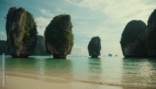 Scenic Tropical Beach with Tall Limestone Cliffs and Calm Green Water