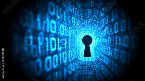 A glowing digital keyhole icon represents advanced cybersecurity measures and protection for sensitive information within a secure virtual data network.