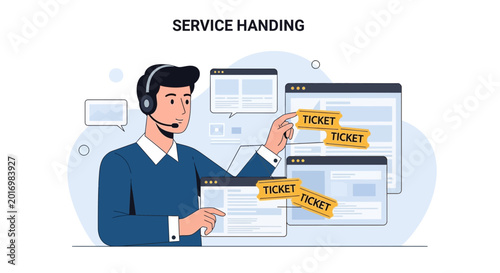 Customer Service Agent with Tickets, Online Support, Digital Assistance, Business Concept