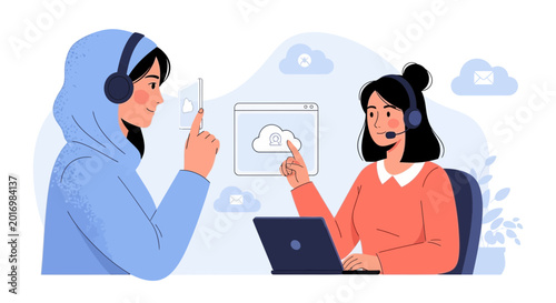 Customer service team, communication, cloud technology, tech support, women, remote work