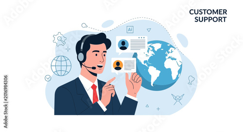 Customer Support Agent with Headset and Globe, Global Communication, Online Service