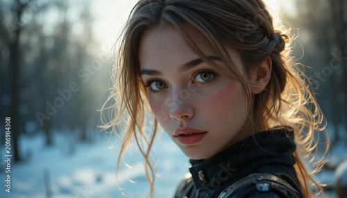 Young Woman with Light Brown Hair and Blue Eyes Standing in Snowy Forest During Sunset