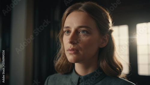 Young Woman with Light Brown Hair and Blue Eyes Wearing Gray Shirt Inside Well-lit Room