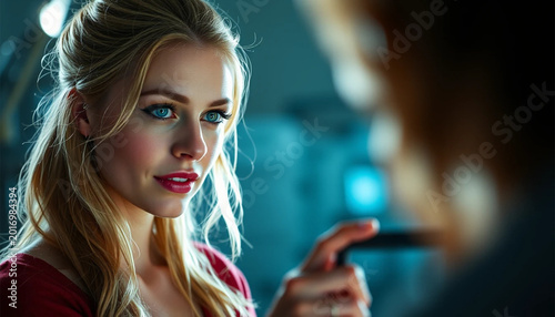 Young Woman with Blonde Hair Blue Eyes Wearing Red Top Looking Intently at Person Holding Smartphone