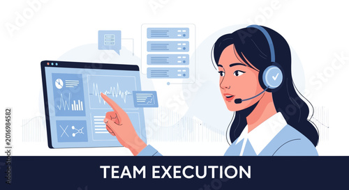 Data analysis, teamwork, customer service woman with headset and computer screen