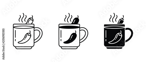 Foto Hot Chili Pepper Drink Icons, Spicy Beverage Mug Graphics, Warm Comfort Food Vec