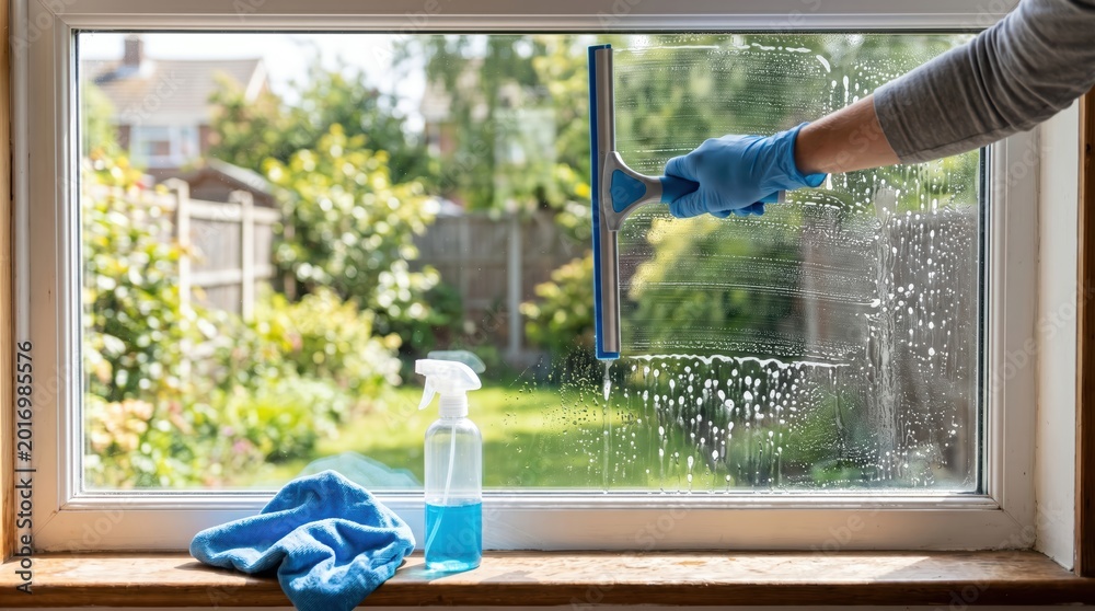 Fototapeta premium Person wiping window glass with squeegee at home during daytime