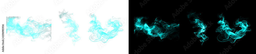 Fototapeta premium Cyan smoke isolated on transparent and black background for art design.