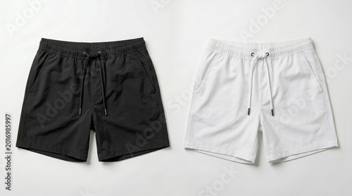 Photos Modern drawstring shorts mockup in black and white, featuring an elastic waistband and premium fabric texture