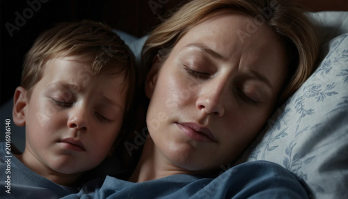 Mother and Child Sleeping Peacefully in Bed with Soft Lighting and Calm Atmosphere