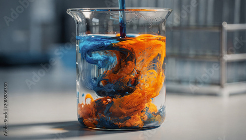 Abstract chemical reaction in a laboratory beaker, vibrant blue and orange liquids diffuse in water creating intriguing patterns, science and innovation concept