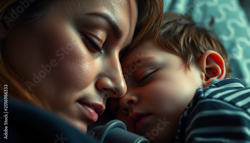 Mother and Child Sleeping Closeup in Warm Indoor Setting