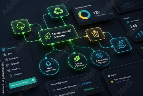 Digital environmental services dashboard showcasing sustainability data and network flow