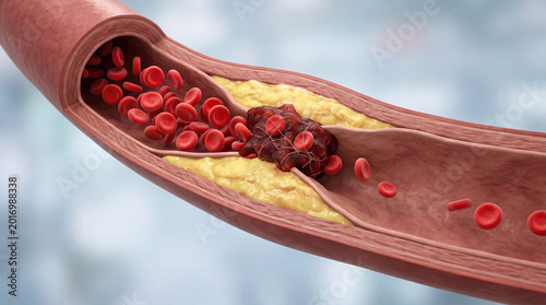 Blocked blood vessel artery poor circulation risks heart health concept. Illustration of clogged artery with fatty deposits and red blood cells.