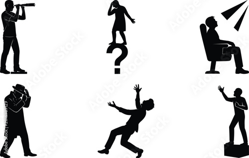 Quadro su tela Acting silhouette set featuring question mark figure soapbox performer dramatic fall spyglass hat movie theater seat collection