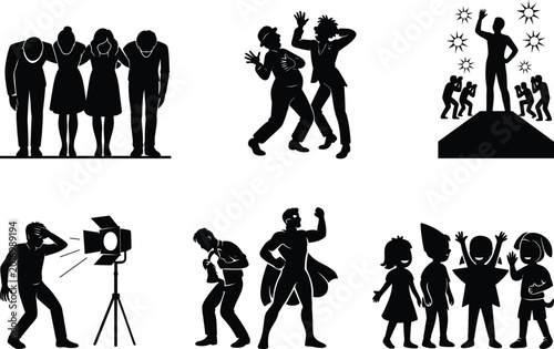 Acting silhouette set featuring red carpet figure actors final bow children play spotlight superhero transformation comedic duo poses.