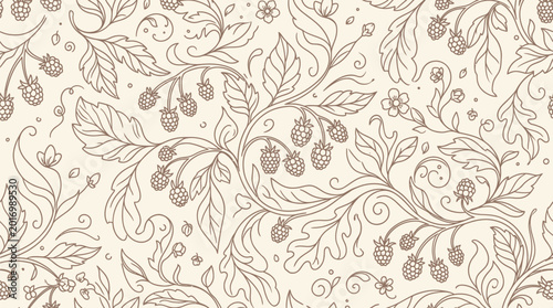 Tableau sur toile Seamless vintage botanical pattern with strawberries and leaves in a delicate line art style