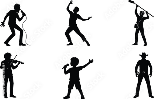 Schilderij op canvas Creative Acting Silhouette Set Featuring Child Stage Performer, Classical Violinist, Comedic Stand-Up in Spotlight, Western Gunslinger Standoff