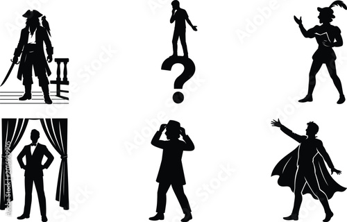 Foto Creative Acting Silhouette Set Featuring Question Mark Pose, Professional Stage Actor, Shakespearean Performance, Spotlight Costume Adjustment