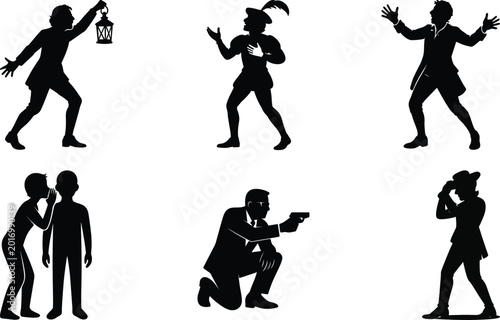 Slika na platnu Creative Acting Silhouette Set Featuring Whispering Secret, Secret Agent Spy Pose, Shakespearean Performer, Costume Adjustment, Dramatic Storytell