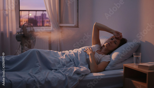 Menopause Summer Wellness Concept With Sleepless Mature Woman During Hot Night Heat in Minimal Urban Bedroom