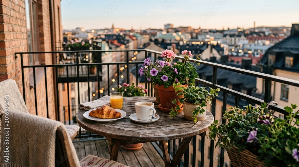 Obraz premium Outdoor table set with breakfast on balcony overlooking city
