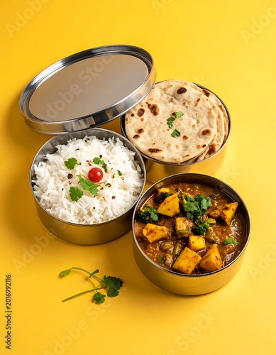 A stainless steel lunchbox with rice, curry, and flatbread
