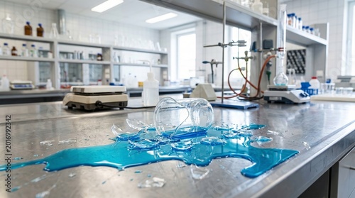 Broken glass beaker with blue liquid spilled on laboratory metal desk. Scientific experiment failure or chemical accident. Research hazard and work danger in modern medical chemistry clinic.