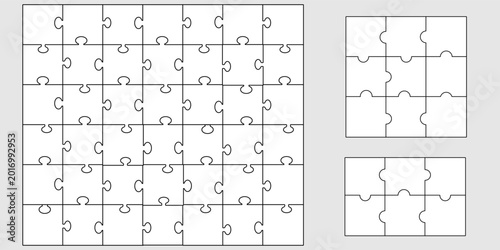 Jigsaw puzzle piece set in different sizes. Collection of templates with outline for game, infographic, educational design. Vector jigsaw picture texture. Kit of Puzzle grid business chains