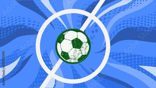 Football soccer ball on blue comic style background, sport banner template