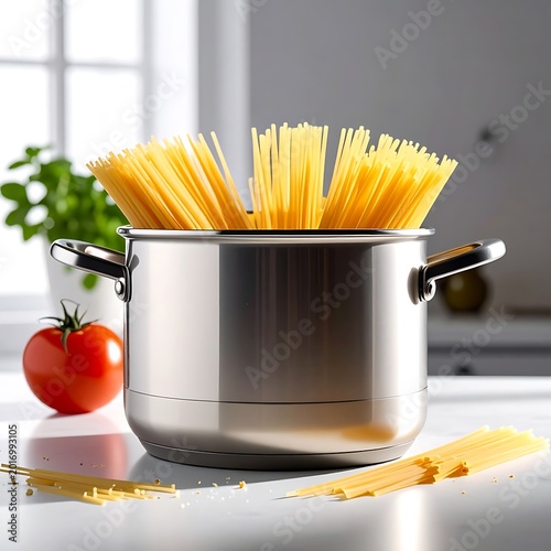A stainless steel pot filled with spaghetti on a kitchen counter