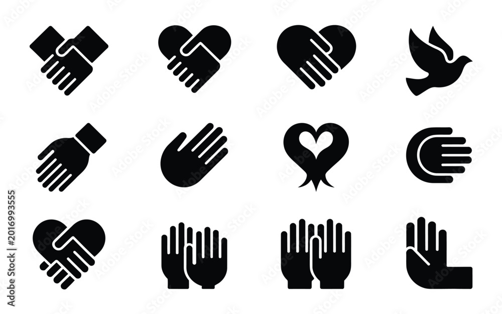 Fototapeta premium Black and white symbol icons of hands hearts and dove depicting unity love and peace arranged in a clean grid layout with minimalist design