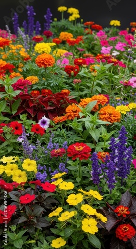 A vibrant, densely planted garden bed filled with colorful summer annuals and perennials, showcasing horticulture and natural beauty, gardening, mixed colors, summer