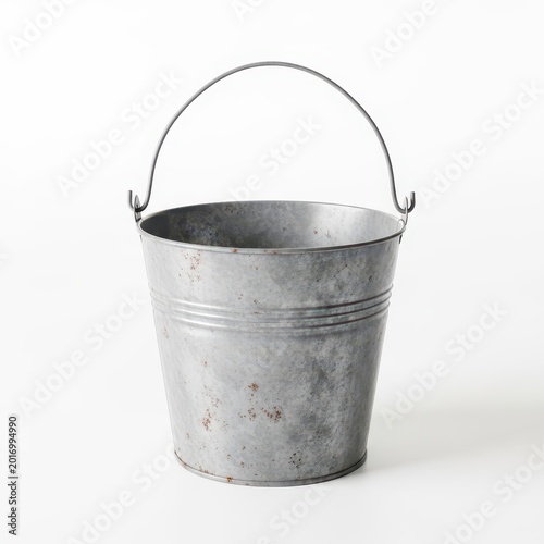 Empty traditional galvanized steel metal pail bucket with a wire handle, isolated against a bright white background, ready for chores or cleaning, hauling, liquid, carry