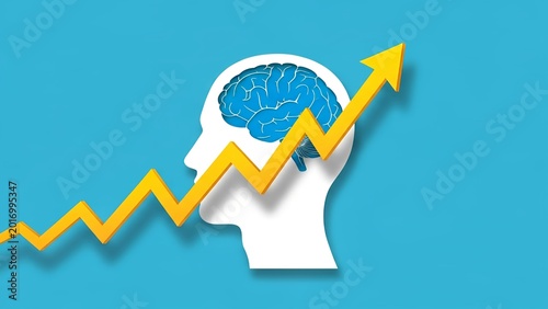 A white silhouette of a human head containing a blue brain with an upward yellow arrow