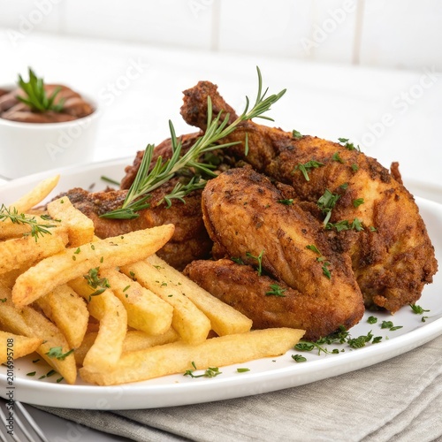 Fried chicken pieces with crispy potato wedges on white plate