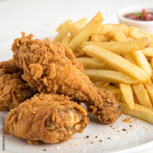 Fried chicken tenders with golden crispy french fries on white plate