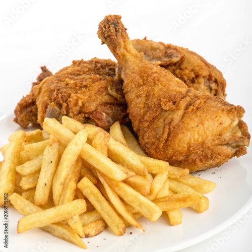Fried chicken pieces with golden crispy coating served with french fries on plate